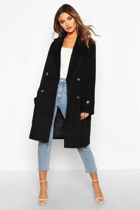 Manteau Look Laine Brossé Avec Poche - Noir - 36, Noir