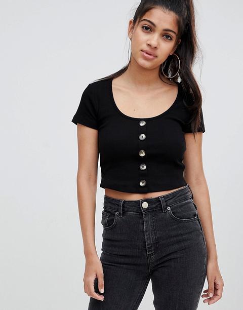 Asos Design - Top A Coste Con Scollo Rotondo E Bottoni - Nero