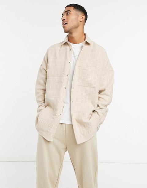 Asos Design Extreme Oversized Wool Mix Check Shacket In Tonal Beige With Snap Buttons-neutral