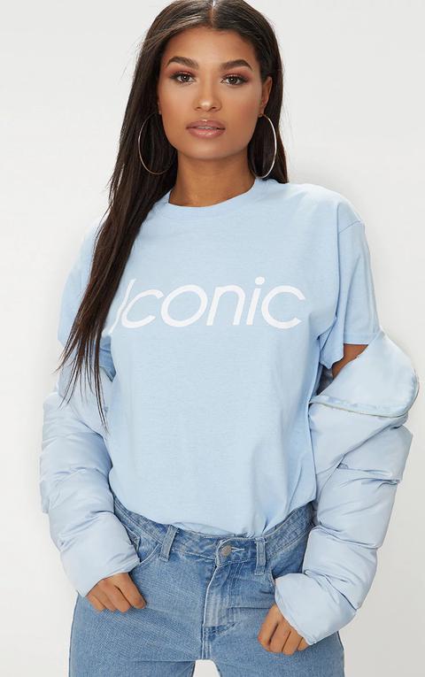 Baby Blue Iconic Slogan T Shirt, Blue