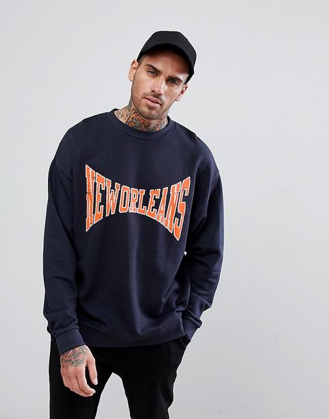 Asos Oversized Sweatshirt With Text Print - Navy