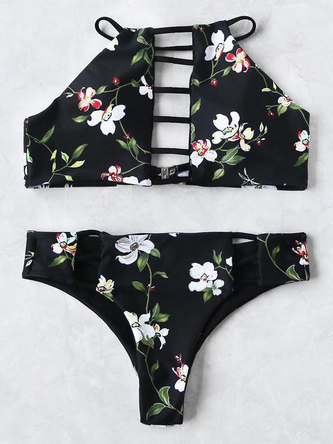 Set Bikini Con Estampado De Flor Con Aberturas