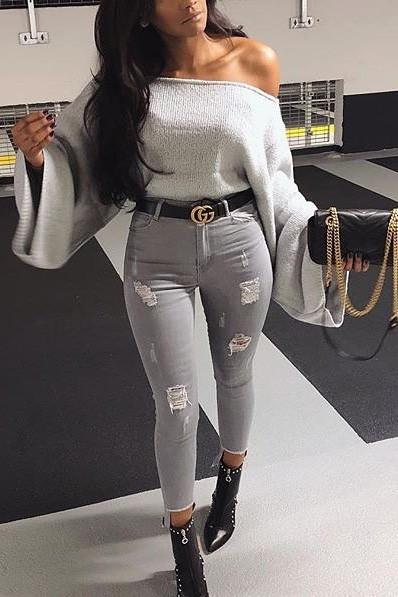 Grey Extreme Wide Sleeve Cropped Jumper