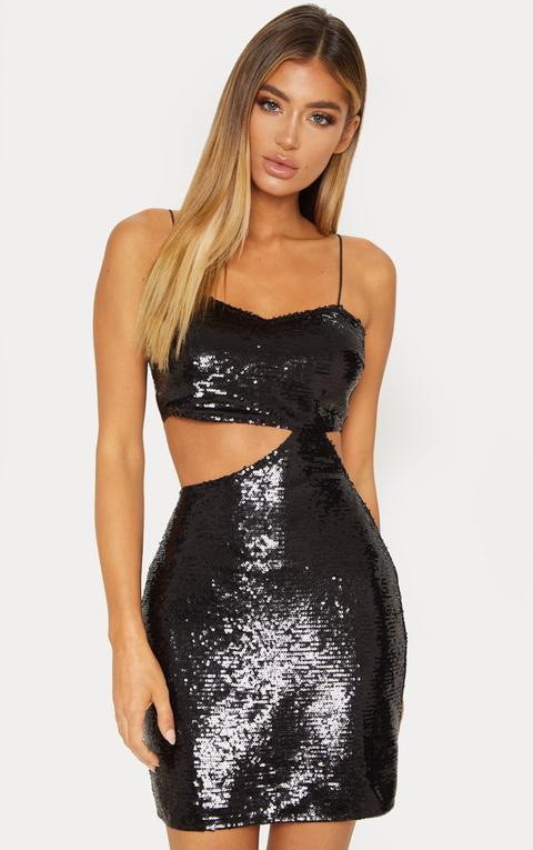 Black Sequin Strappy Cut Out Bodycon Dress