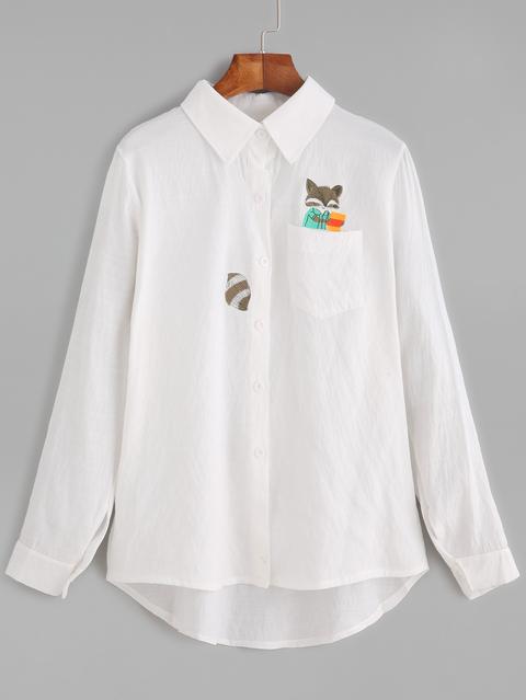 White Sciuridae Embroidered Pocket Dip Hem Shirt