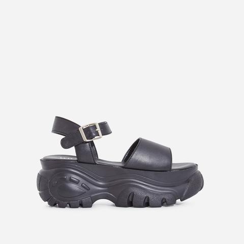 Cade Chunky Sole Sandal In Black Faux Leather, Black