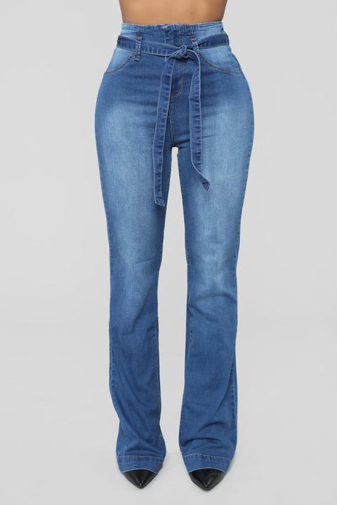 Tanya Belted Flare Jeans - Medium Blue Wash