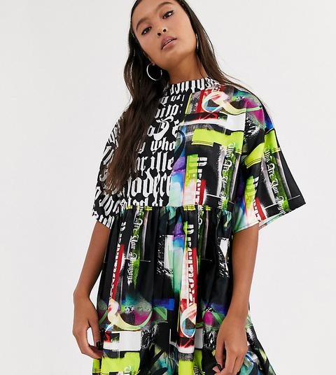 Collusion Mixed Print Satin Smock Dress-multi
