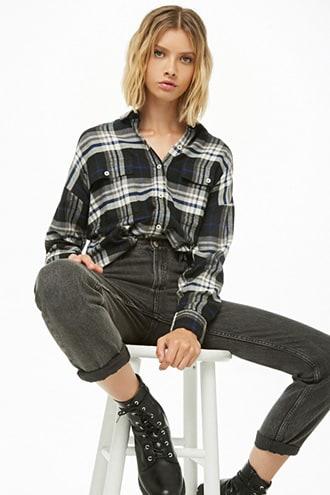 Forever 21 High-low Plaid Shirt , Black/blue