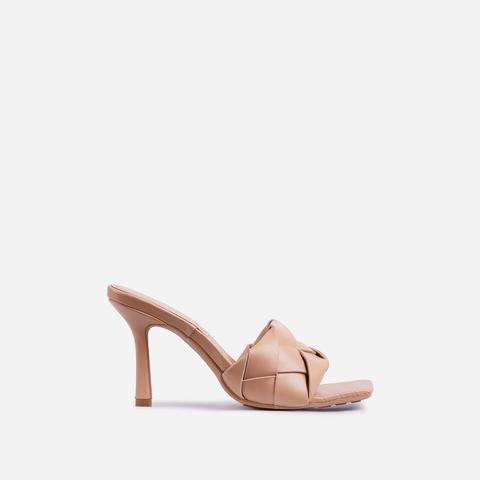 Turntup Woven Square Peep Toe Mule In Nude Faux Leather, Nude
