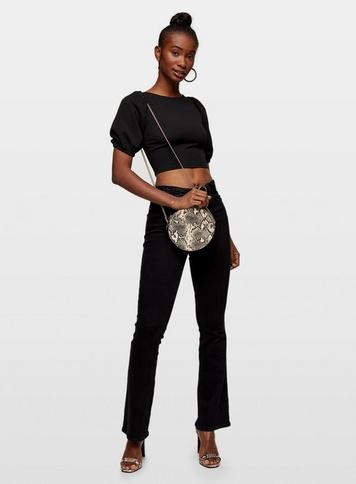 Womens Black Short Puff Sleve Lattice Back Crop Top, Black