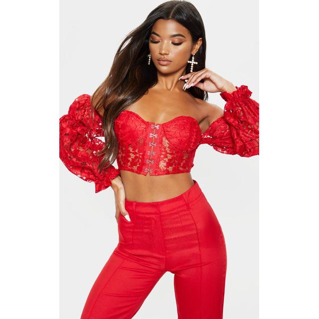 Red Lace Bardot Hook And Eye Crop Top from PrettyLittleThing on 21