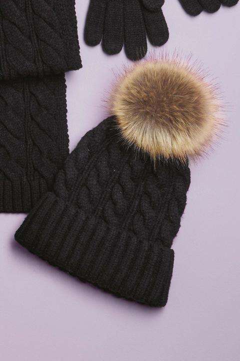 Womens Next Black Cable Knit Pom Hat