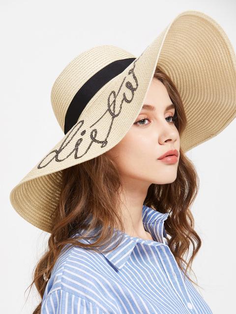 Sombrero De Paja Con Ala Ancha Con Lentejuelas - Beige