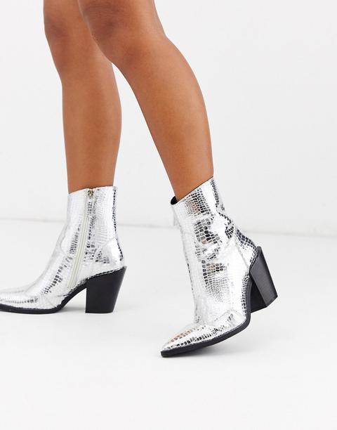 Botas Estilo Cowboy En Plateado De Missguided