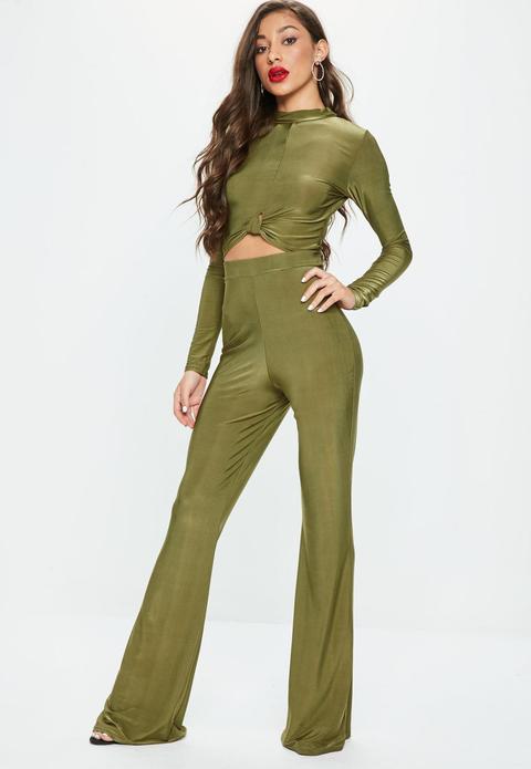 khaki flared trousers