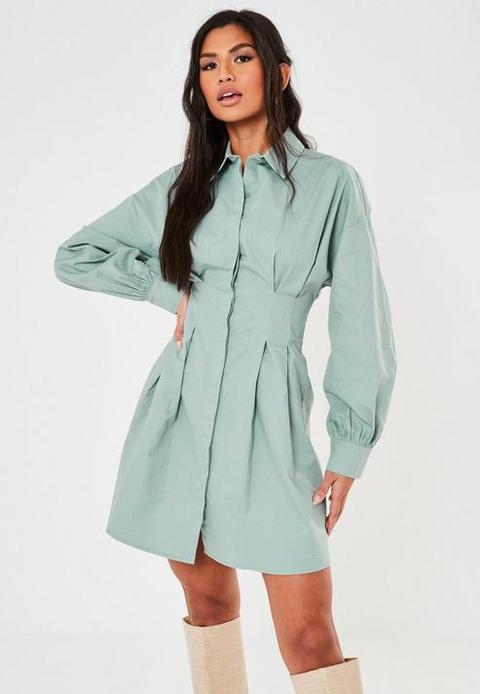 Sage Poplin Pleated Waist Shirt Dress, Green