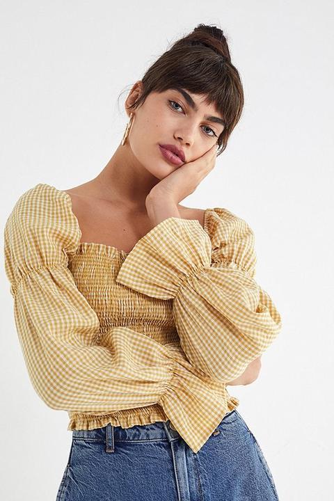 Uo Gingham Cinched-sleeve Blouse