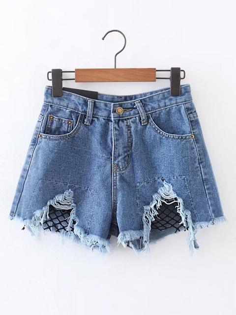 Contrast Mesh Raw Hem Denim Shorts