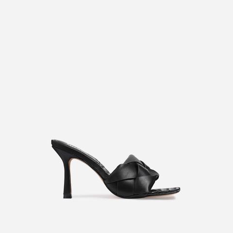 Turntup Woven Square Peep Toe Mule In Black Faux Leather, Black