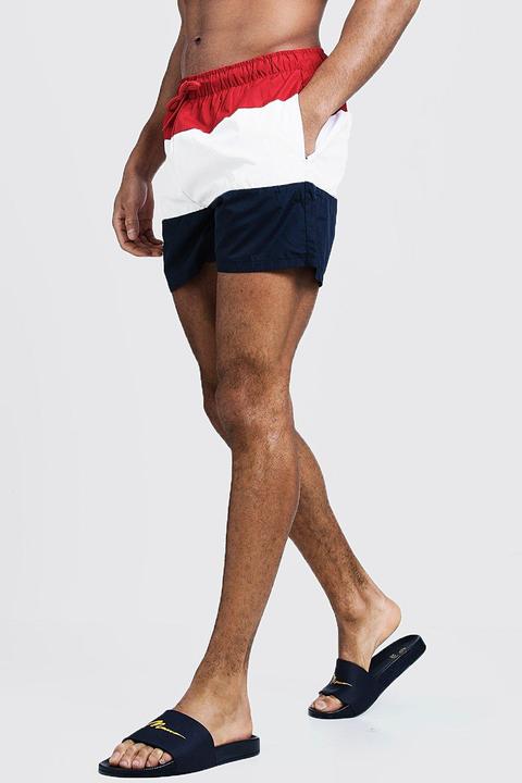 Mens Red Colour Block Mid Length Swim Short, Red