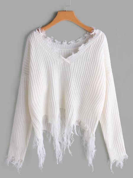 Fashion White Random Ripped Dettagli Maglia Con Scollo A V E Maniche Lunghe