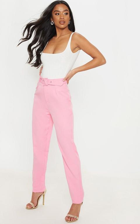 Petite - Pantalon Droit Taille Haute Rose À Détail Ceinture, Rose