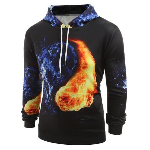 Water And Fire Print Long Sleeve Hoodie - Black - L