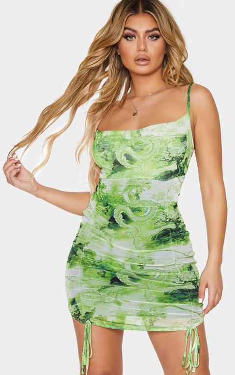 Lime Dragon Print Strappy Ruched Tie Hem Bodycon Dress