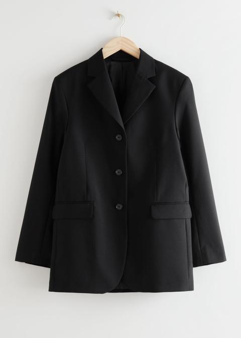Long Fitted Padded Shoulder Wool Blazer - Black
