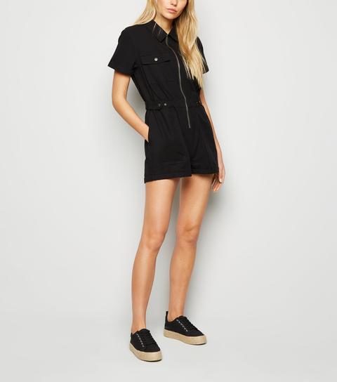 Black Zip Front Denim Playsuit New Look