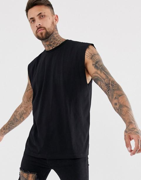 Camiseta Extragrande Sin Mangas De Corte Largo En Negro De Asos Design