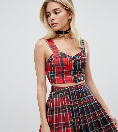 One Above Another - Top Corto Stile Bustier A Quadri Scozzesi Misti In Coordinato - Rosso