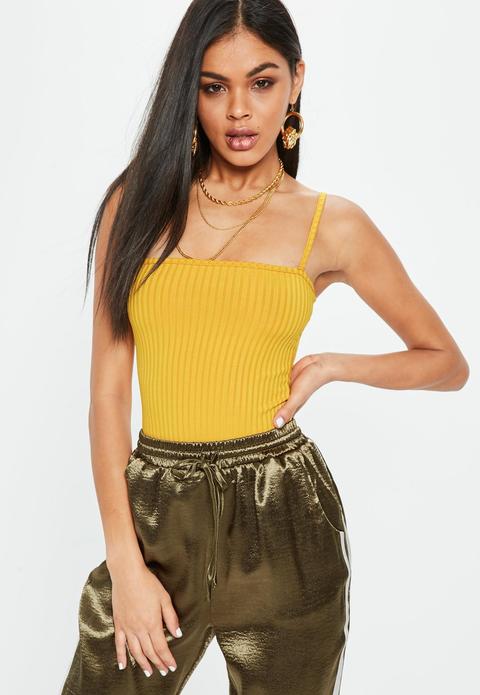 Yellow Square Neck Ribbed Bodysuit, Yellow