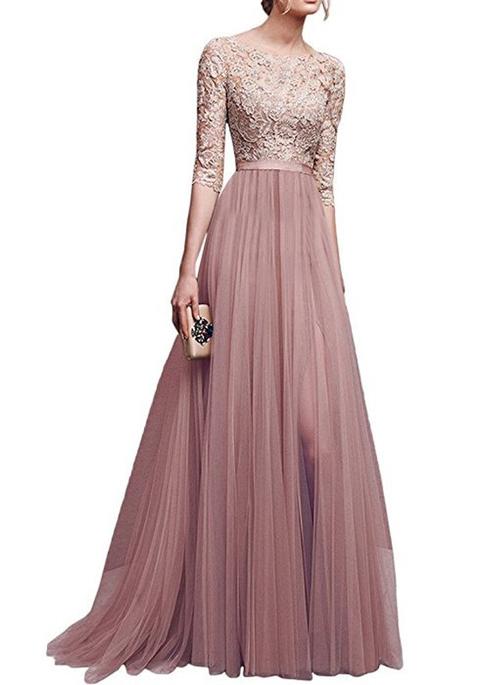 Maxi Abito Pizzo Drappeggiato Drappeggio Banchetto Fluente Damigella Elegante Gomito Rosa