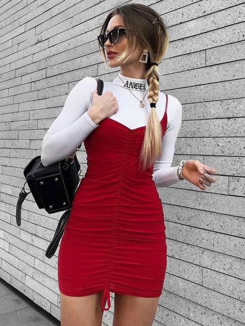 Ava Slinky Ruched Cami Dress In Red