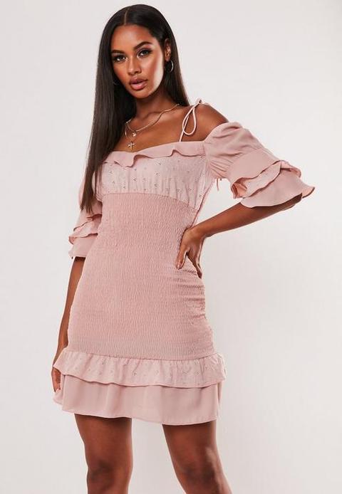 Nude Ruffle Hem And Sleeve Milkmaid Mini Dress, Nude