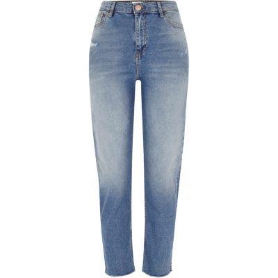 Mid Blue Bella Frayed Hem Straight Leg Jeans