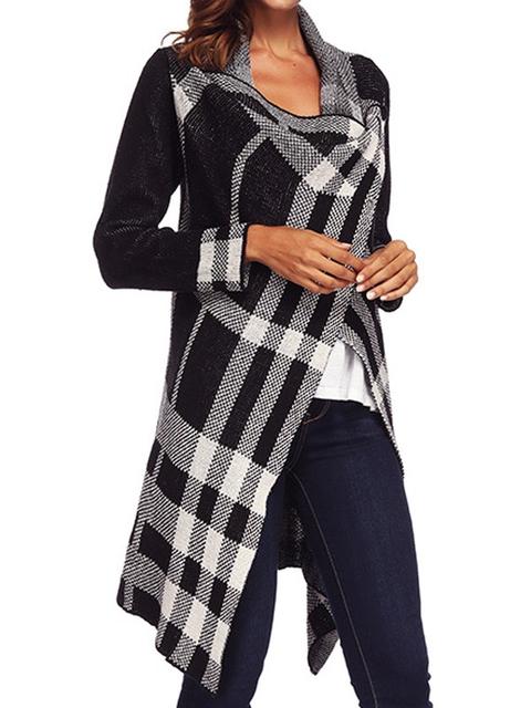 Cardigan Plaid Irregolare Colletto Turndown Casual Nero