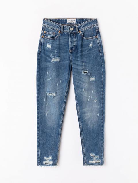 Jeans Mom Con Rotture Blu Denim Medio