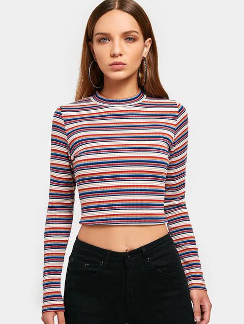 Top In Maglia A Righe Con Collo Rotondo