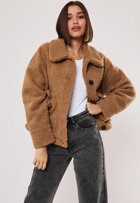 Tan Cropped Borg Teddy Trucker Jacket