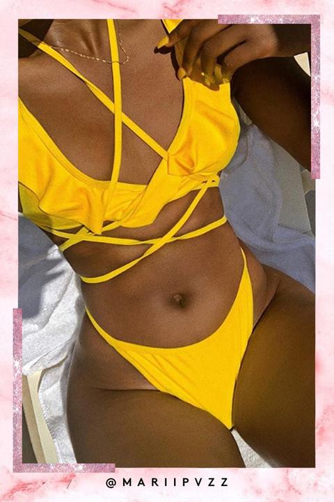 Isabelle Yellow Frill Front Wrap Around Bikini Top