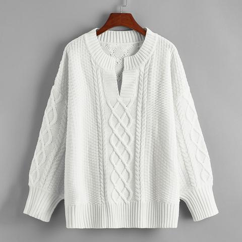 Solid Cable Knit Notched Neck Jumper