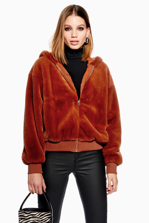 Womens Faux Fur Zip Hoodie - Tobacco, Tobacco