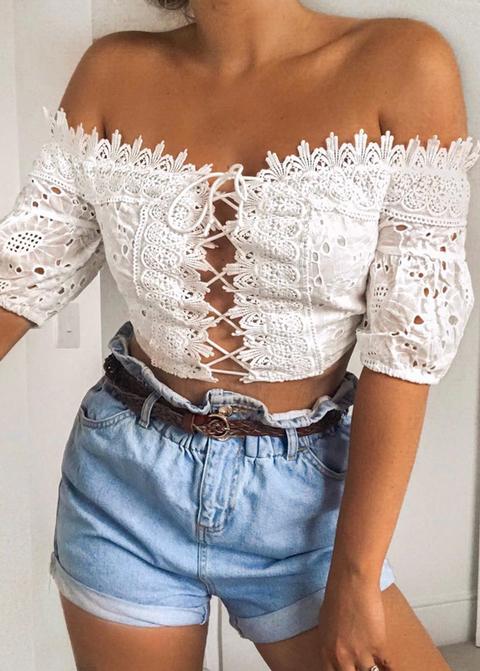 Embroidered Eyelet Lace-up Tie Front Top