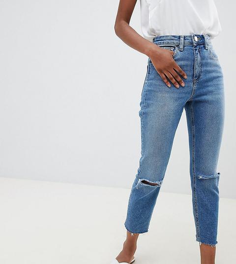 Asos Design Petite Farleigh High Waisted Slim Mom Jeans In Mid Stonewash Blue With Rips