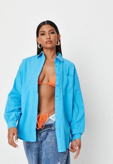 Blue Linen Look Oversized Shirt, Blue 