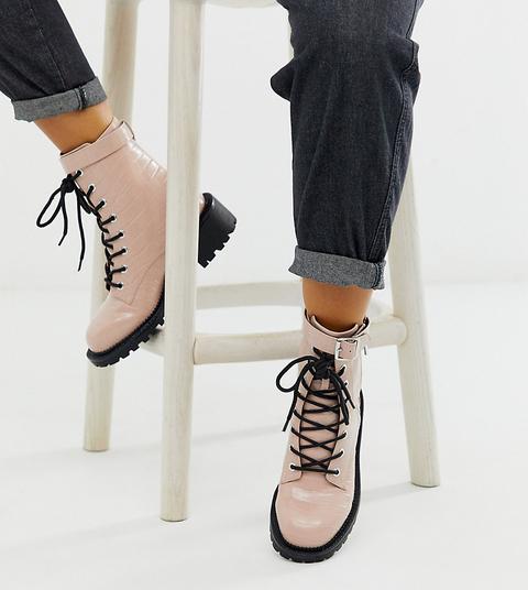 Botas Con Cordones Y Diseño De Cocodrilo Rosa Con Herrajes Anya De Asos Design Wide Fit