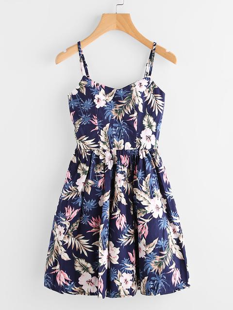 Floral Print Random Lattice Back Cami Dress